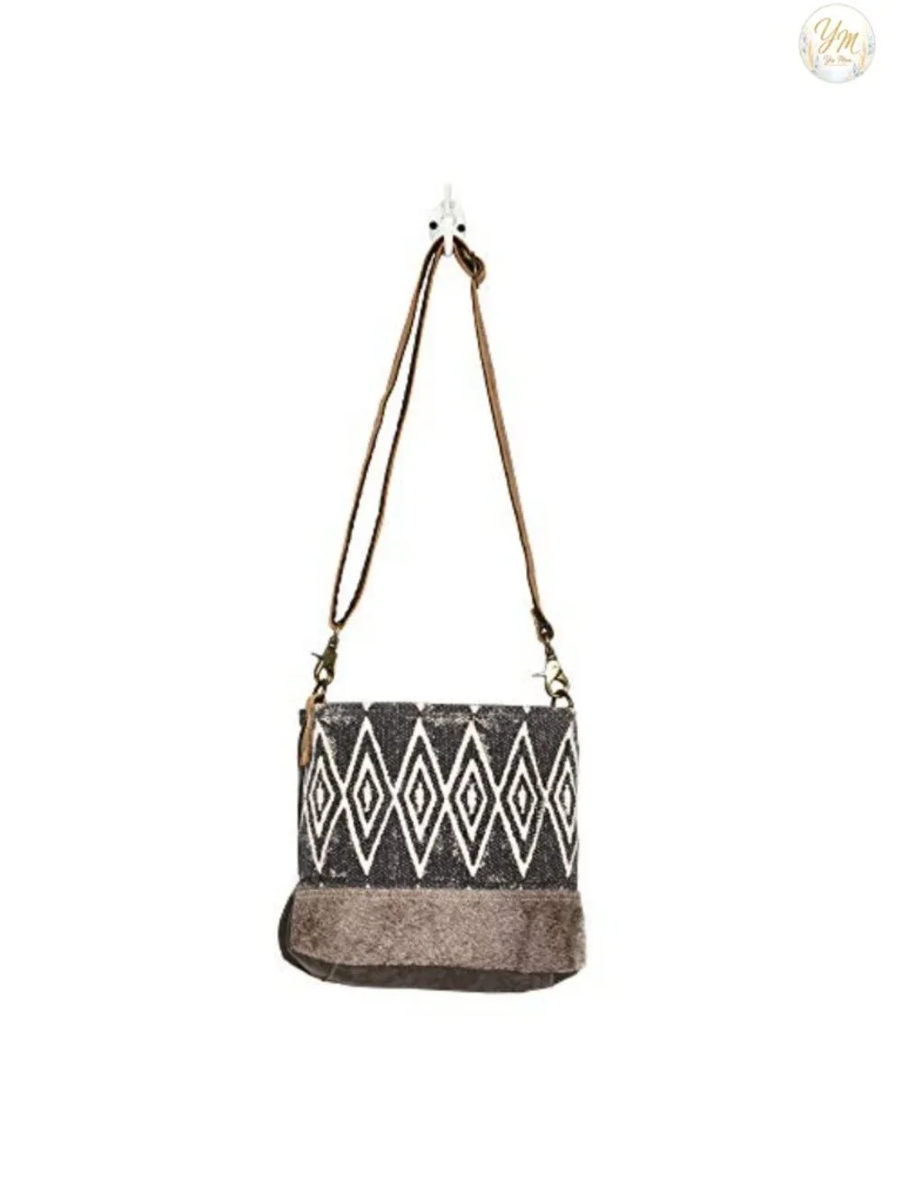 Boho Aztec Canvas Shoulder Bag with Leather Detailing, Handcrafted Purse for
